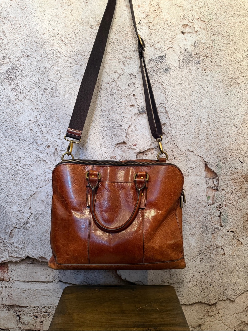 Fossil Cognac Distressed Leather Crossbody Work/School Bag